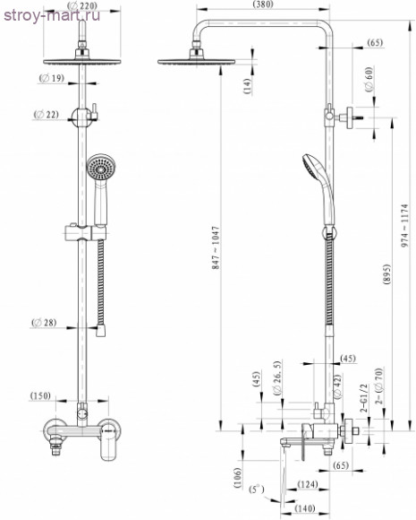 Душевая колонна со смесителем для ванны c поворотным изливом OPAL R - F6125183CP-A2