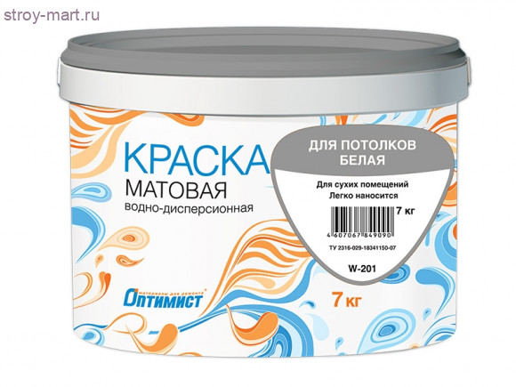 Краска для потолков «Оптимист W201» белая, акрил., матовая, мрзт 1,5 кг. - С-000039606