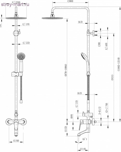 Душевая колонна со смесителем для ванны c поворотным изливом - F6111147C-A