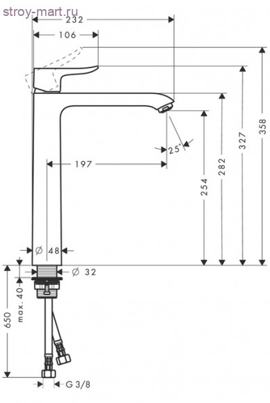 Смеситель для раковины в форме таза, однорычажный, 260, без сливного гарнитура Metris 31184000 Смеситель для раковины в форме таза, однорычажный, 260, без сливного гарнитура Metris 31184000