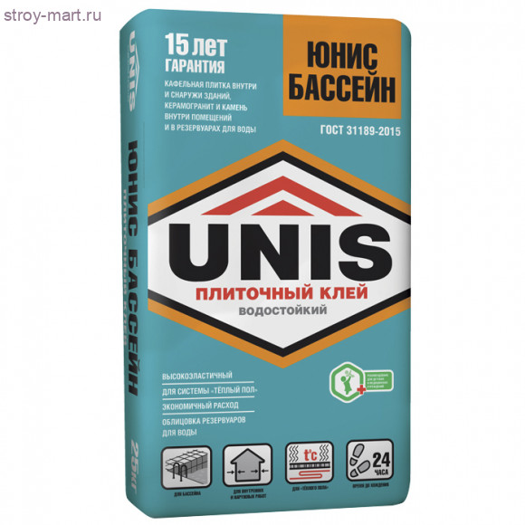 «Юнис-Бассейн» (Клей плиточный для бассейнов), 25 кг (48 шт/под) - С-000014326 «Юнис-Бассейн» (Клей плиточный для бассейнов), 25 кг (48 шт/под) - С-000014326