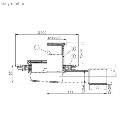 Трап горизонтальный выпуск Дн 40/50 с решеткой из нерж стали в подрамнике 123х123 HL 90 Трап горизонтальный выпуск Дн 40/50 с решеткой из нерж стали в подрамнике 123х123 HL 90