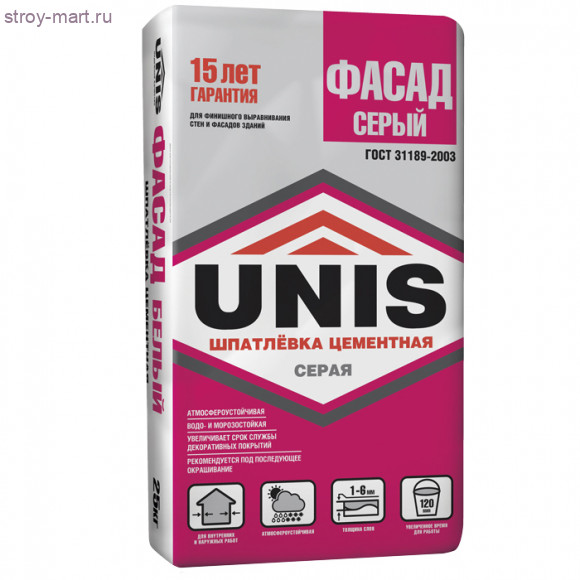 Шпатлевка «Юнис-Фасад серая», 25кг (49 шт/под) - С-000014334 Шпатлевка «Юнис-Фасад серая», 25кг (49 шт/под) - С-000014334