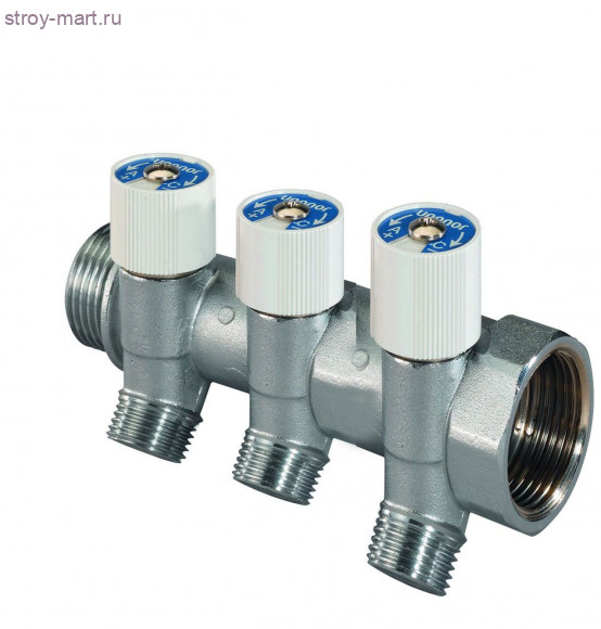 Коллектор латунь Ду 1x1/2 НР с запорными вентилями на 3 выхода SH Uponor 1014138 Коллектор латунь Ду 1x1/2 НР с запорными вентилями на 3 выхода SH Uponor 1014138