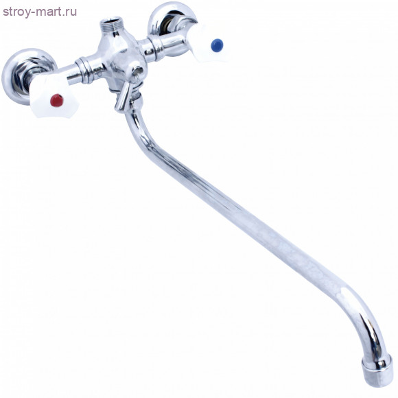 Смеситель двуручный для ванны ЦС 295-3 Стандарт р/затвор дл/излив металл шланг, пласт лейка, кронштейн Подольск пл/маховик - 026-0889
