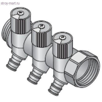 Коллектор латунь Ду 1хДн 16 ВР/НР с запорными вентилями на 3 выхода 38мм Uponor 1048521 Коллектор латунь Ду 1хДн 16 ВР/НР с запорными вентилями на 3 выхода 38мм Uponor 1048521