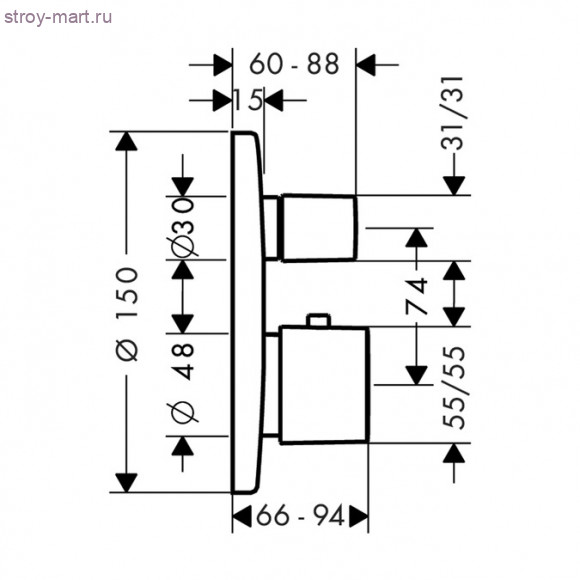 Термостат с запорным/переключающим вентилем Ecostat E, СМ Metris 31573000 Термостат с запорным/переключающим вентилем Ecostat E, СМ Metris 31573000