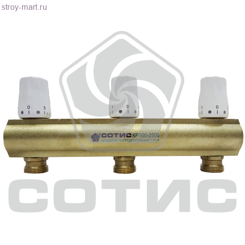 Коллекторы распределительные латунные серии СОТИС КР100-2500 с межосевым расстоянием 100мм и регулировочными отсечными клапанами - КР100-2506-20 НР
