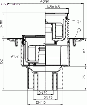Трап вертикальный Ду 50/75/110 с решеткой 138х138, надставной элемент klik-Klak, сифоном Primus HL 3100Pr Трап вертикальный Ду 50/75/110 с решеткой 138х138, надставной элемент klik-Klak, сифоном Primus HL 3100Pr