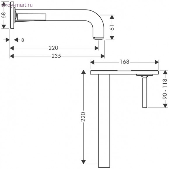 Смеситель для раковины, однорычажный, с панелью и изливом 225 мм, настенный монтаж, СМ Axor Citterio 39115000 Смеситель для раковины, однорычажный, с панелью и изливом 225 мм, настенный монтаж, СМ Axor Citterio 39115000
