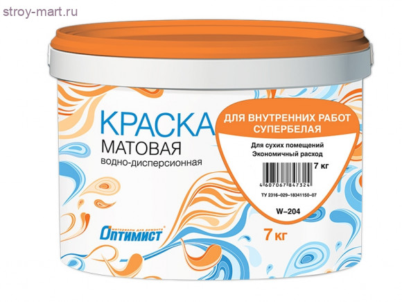 Краска для внутр. работ «Оптимист» супер-бел., латекс., матовая, мрзт. 14 кг. w204 - С-000057848