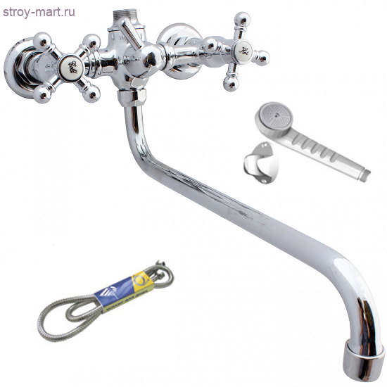 Смеситель двуручный для ванны ЦС 295-4К М Крест Стандарт хром к/затвор дл/излив металл шланг, хром лейка Подольск пл/маховик - 026-0892