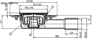 Трап горизонт Дн 40/50 с решеткой 115х115, надставной элемент klik-Klak, сифоном Primus HL 90Pr-3000