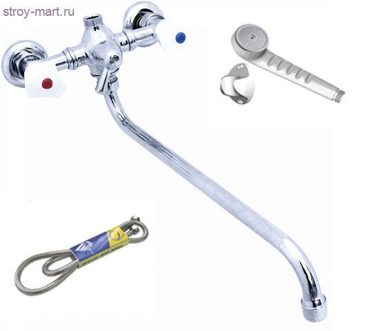 Смеситель двуручный для ванны ЦС 295-3К Стандарт к/затвор дл/излив металл шланг, пласт лейка Подольск пл/маховик - 026-0890