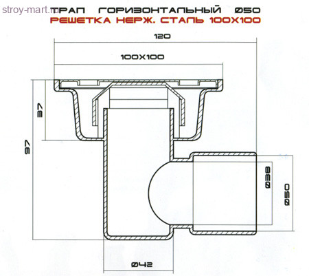 Трап горизонт PP Ду 50 150х150 решетка нерж сталь Татполимер -4606034124048