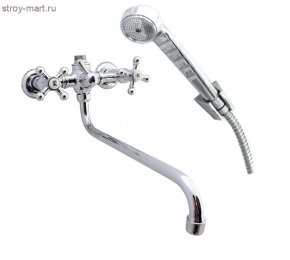 Смеситель двуручный для ванны ЦС 600/3-4К М_Крест хром к/затвор дл/излив катридж с керамическими пластинами, металл шланг, хром лейка Подольск пл/маховик - 4606034142738
