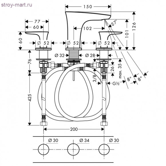 Смеситель для раковины, на 3 отверстия PuraVida 15073400 Смеситель для раковины, на 3 отверстия PuraVida 15073400