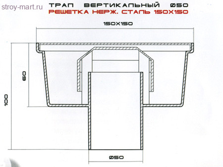 Трап вертикальный PP Ду 50 150х150 решетка нерж сталь Татполимер -4606034124017