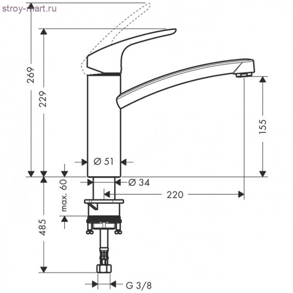 Смеситель для кухни, однорычажный, с накидной гайкой, ?’ Focus 31806800 Смеситель для кухни, однорычажный, с накидной гайкой, ?’ Focus 31806800
