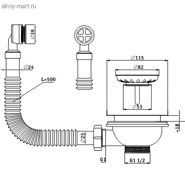 Перелив для мойки нерж/сетка 1/2х115мм прямоугольн верт/выпуск АНИ Пласт N305