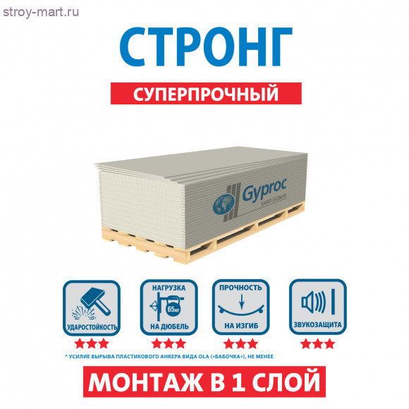 Гипсокартон «Gyproc» стронг 15х1200*2500 (46 листов/уп.) (арт. 88562) - С-000116578 Гипсокартон «Gyproc» стронг 15х1200*2500 (46 листов/уп.) (арт. 88562) - С-000116578