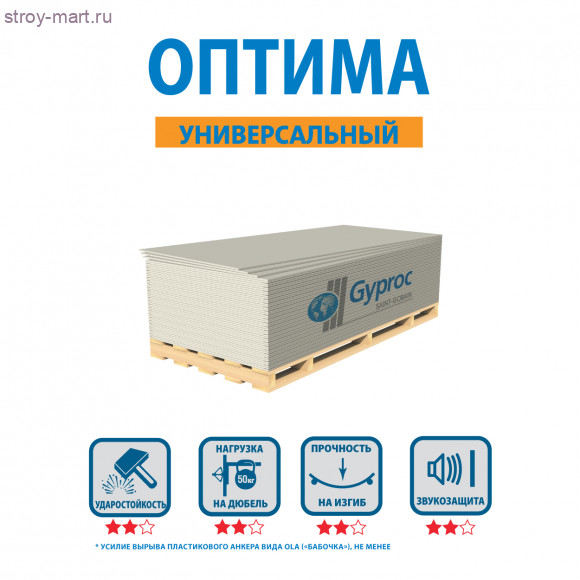 Гипсокартон «Gyproc» оптима 12,5х1200*2500 (52 листов/уп.) (арт. 88561) - С-000116574 Гипсокартон «Gyproc» оптима 12,5х1200*2500 (52 листов/уп.) (арт. 88561) - С-000116574