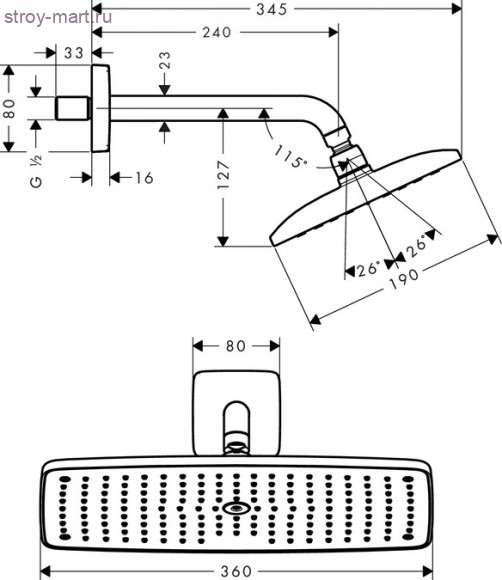 Верхний душ Raindance E 360 AIR 1jet, держатель 223 мм, ?’ Raindance 27371000 Верхний душ Raindance E 360 AIR 1jet, держатель 223 мм, ?’ Raindance 27371000