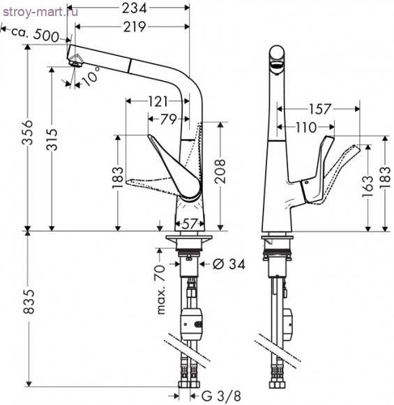 Смеситель для кухни однорычажный, с выдвижным душем, ?? Metris 14821800 Смеситель для кухни однорычажный, с выдвижным душем, ?? Metris 14821800