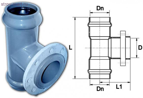 Тройник с металлическим фланцем - напорный прямой НПВХ Дн225x200 Тройник с металлическим фланцем - напорный прямой НПВХ Дн225x200