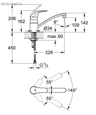 Смеситель одноручный для мойки Euroeco выс/излив картридж 35мм Grohe 32750000 Смеситель одноручный для мойки Euroeco выс/излив картридж 35мм Grohe 32750000