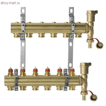 Коллектор латунь распределительный 1x3/4-6 в комплекте с 2мя воздухоотв. и кроншт FHF-set Danfoss 088U0706