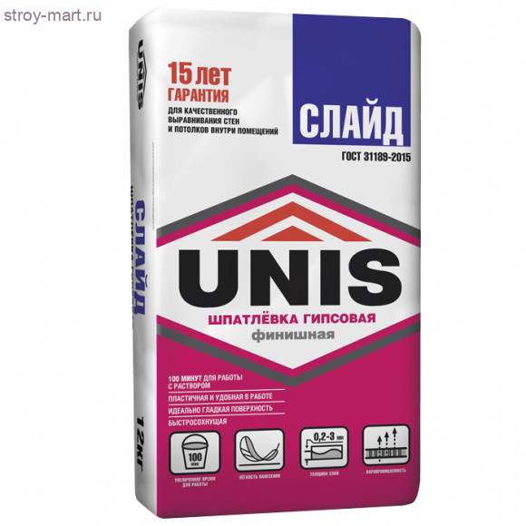 Шпатлевка гипс. «Юнис-Слайд», 12кг (104 шт/под) - С-000083009 Шпатлевка гипс. «Юнис-Слайд», 12кг (104 шт/под) - С-000083009