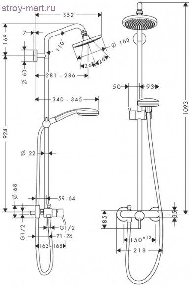 Croma 100 Showerpipe, с однорычажным cмесителем, ?’ Croma 100 27154000 Croma 100 Showerpipe, с однорычажным cмесителем, ?’ Croma 100 27154000