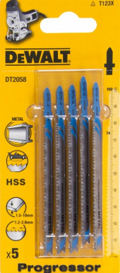 Пилки д\лобзика 5шт,HSS,100\74\1.2-2.6мм,рез-10мм,быстр\пропил(T123Х) - DT 2058 Пилки д\лобзика 5шт,HSS,100\74\1.2-2.6мм,рез-10мм,быстр\пропил(T123Х) - DT 2058