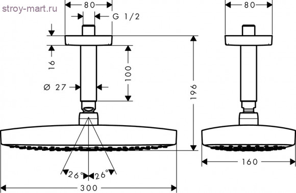 Raindance Select E 300 2jet верхний душ, ??, с потолочным подсоединением Raindance Select 27384000 Raindance Select E 300 2jet верхний душ, ??, с потолочным подсоединением Raindance Select 27384000