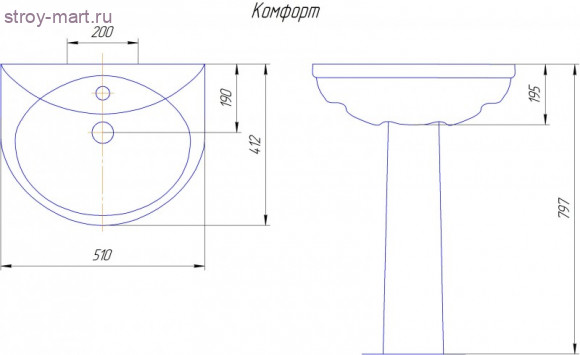 Умывальник Комфорт белый 1 отверстие 1 величины б/комплекта Кировская Керамика - 4606034156537