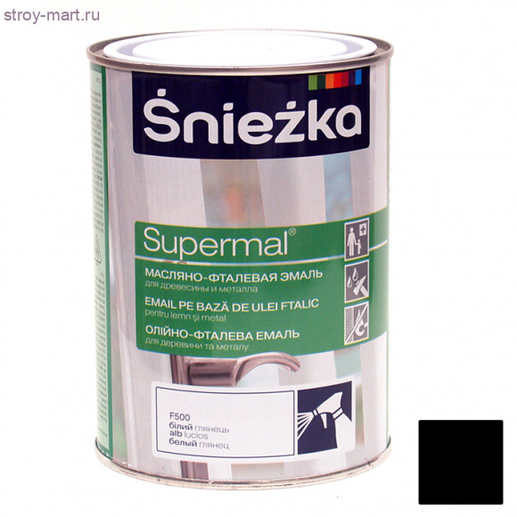 Эмаль универсальная «Supermal» черная матовая, масляно-фталевая 0,8 л. (8 шт/уп.) «Sniezka» / Польша - С-000085514 Эмаль универсальная «Supermal» черная матовая, масляно-фталевая 0,8 л. (8 шт/уп.) «Sniezka» / Польша - С-000085514
