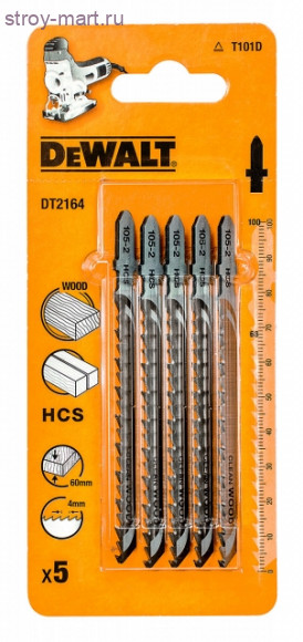 Пилки д\лобзика 5шт,HCS,100\68\4мм,рез-60мм,быстр,прям\пропил(T101D) - DT 2164