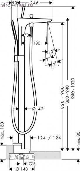 Смеситель для ванны, однорычажный, напольный, ?’ PuraVida 15473000 Смеситель для ванны, однорычажный, напольный, ?’ PuraVida 15473000