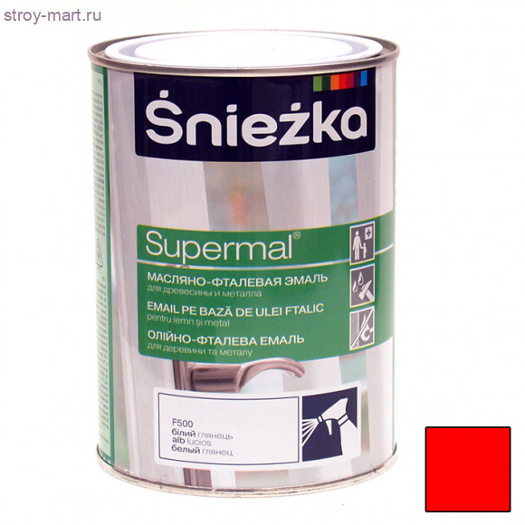 Эмаль универсальная «Supermal» красная, масляно-фталевая 0,8 л (8 шт/уп.) «Sniezka» / Польша - С-000086019 Эмаль универсальная «Supermal» красная, масляно-фталевая 0,8 л (8 шт/уп.) «Sniezka» / Польша - С-000086019