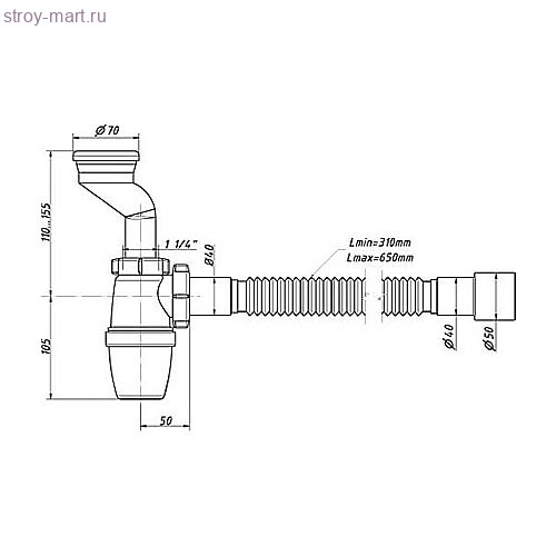 Сифон для писсуара Мини 1 1/4 с манжетами D-40, D-46mm, гибкой трубой 40/50, белый Орио P-31009 Сифон для писсуара Мини 1 1/4 с манжетами D-40, D-46mm, гибкой трубой 40/50, белый Орио P-31009