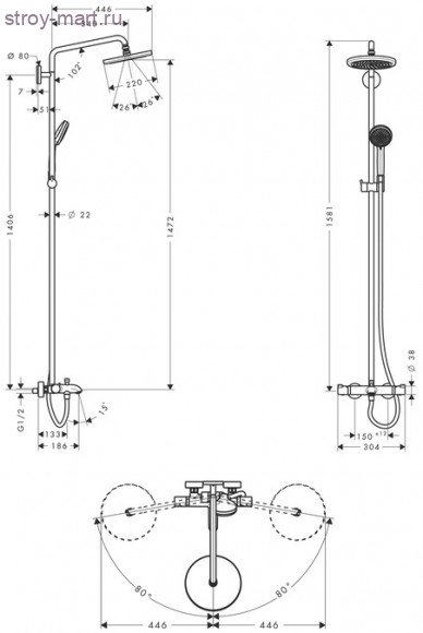 Croma 220 Showerpipe для ванны, поворотный держатель 400 мм, ?’ Croma 27223000 Croma 220 Showerpipe для ванны, поворотный держатель 400 мм, ?’ Croma 27223000